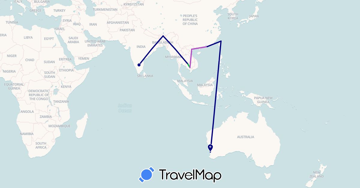 TravelMap itinerary: driving, bus, train in Australia, Bhutan, China, India, Cambodia, Taiwan, Vietnam (Asia, Oceania)